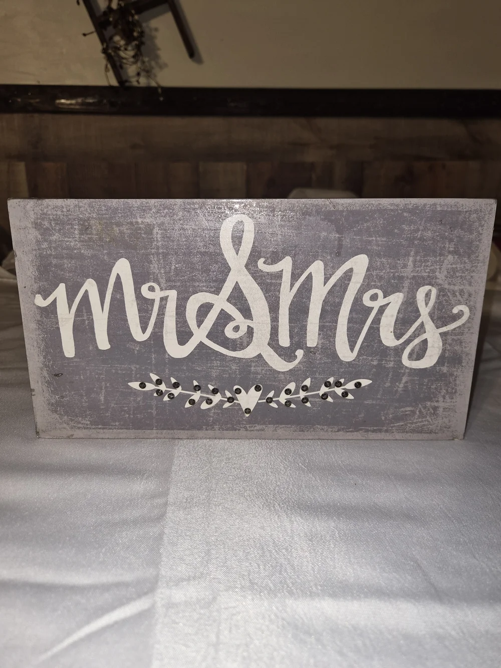 Mr & Mrs Rustic Wooden Sign - White Script on Gray
